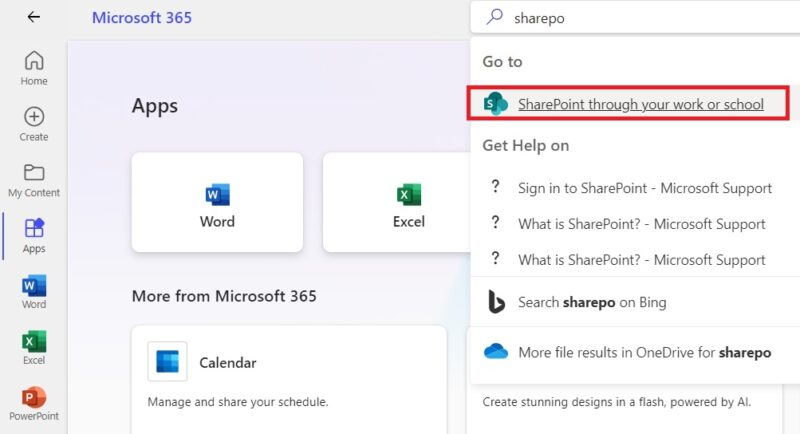 Click "SharePoint through your work or school" in Microsoft 365 app in Windows 11 PC.