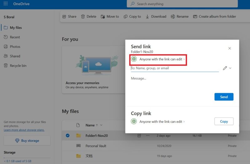 OneDrive Share functionality specifying anyone with the link can edit.