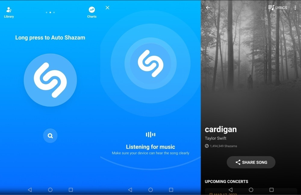 Shazam app interface overview.