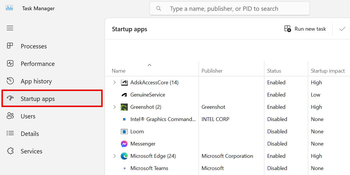 Switching to "Startup apps" in the Task Manager.