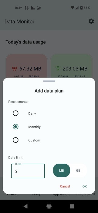 Setting a reset counter and data limit on the Data Monitor app.