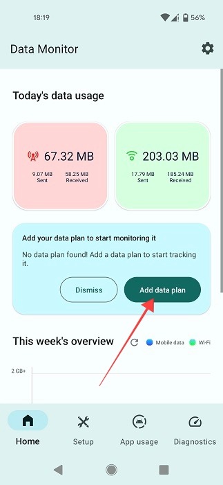 "Add data plan" option in Data Monitor app.
