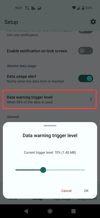 Setting a data warning trigger level in Data Monitor app.