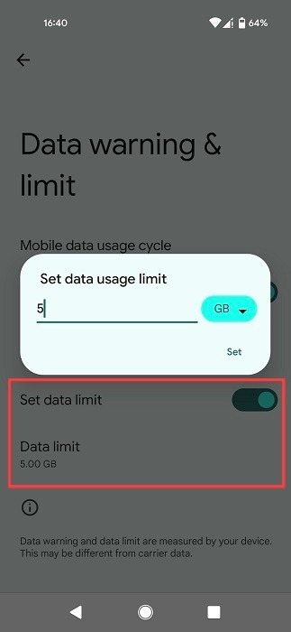 Setting a data usage limit on Android.