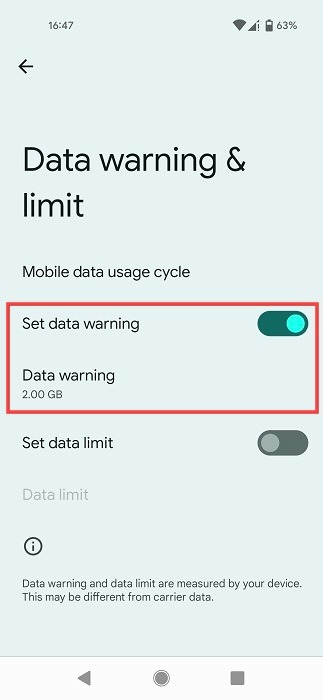 Enabling "Set data warning" toggle on Android.