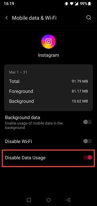 "Disable Data Usage" option on OnePlus phone.