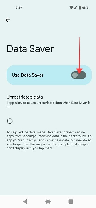 Enabling "Use Data Saver" toggle on Android. 