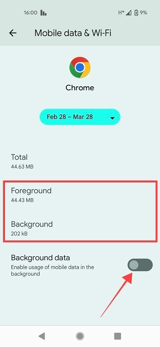 "Foreground" and "Background" sections for individual app on Android phone. 