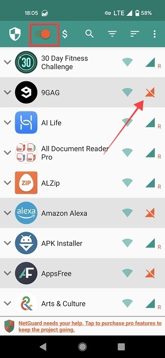 Netguard app interface with data disabled for app.