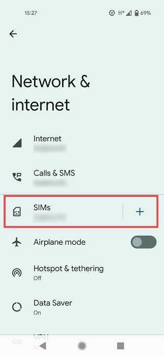 SIMs section under Settings on Android. 