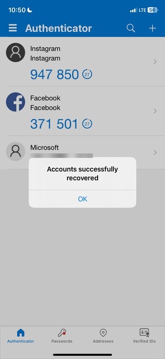 "Accounts successfully recovered" message in the Microsoft Authenticator App on iPhone.