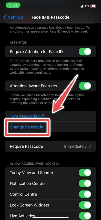 The Change Passcode Option In The Face Id Settings Of An Iphone