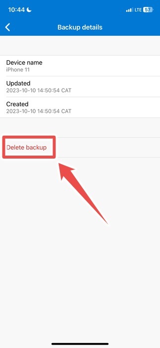"Delete backup" option view in Microsoft Authenticator app for iOS.