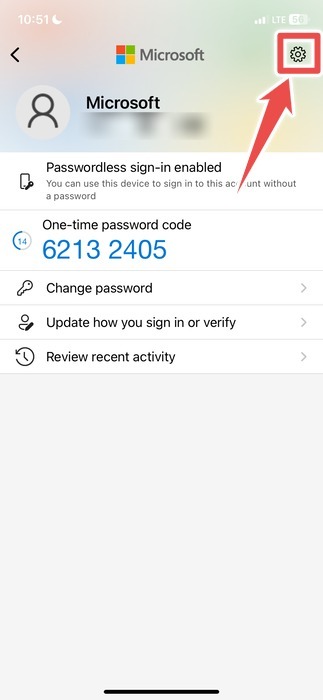 Clicking gear icon in Microsoft Authenticator app for iOS.