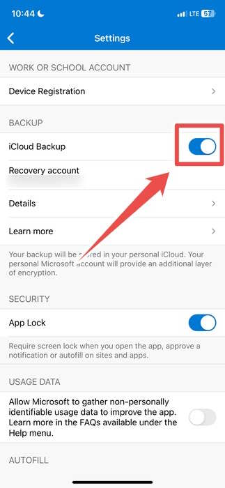 Toggling on "iCloud Backup" option in Microsoft Authenticator app for iOS.