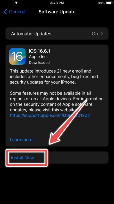 The Install Now Button for an Update On An iPhone