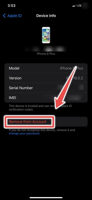 The Remove From Account Option In The Device Info Page Of An Iphone