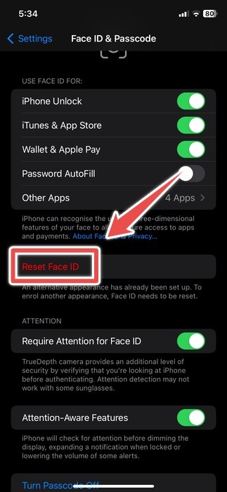 The Reset Face Id Option In The Face Id And Passcode Settings On An Iphone