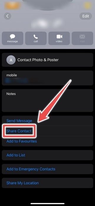 The Share Contact Option On Iphone