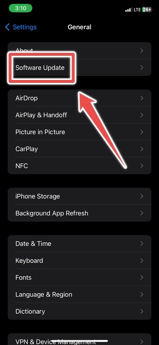 The Software Update Option In The General Settings Of An Iphone