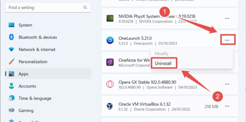 Uninstalling OneLaunch from Installed Apps in Windows Settings. 