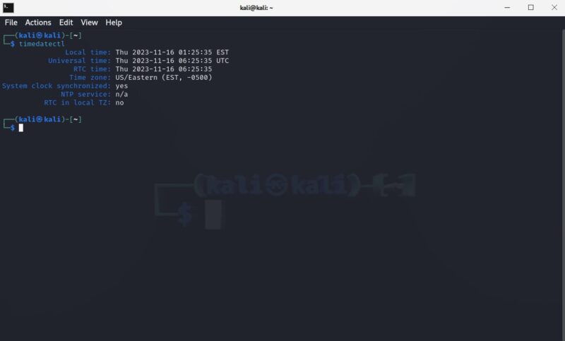 Linux terminal screenshot showing timedatectl output