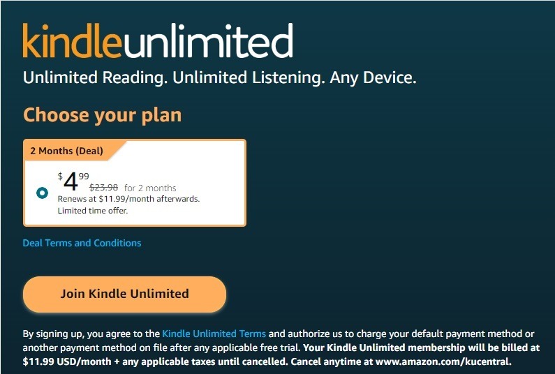 Kindle Unlimited deals for new subscribers.