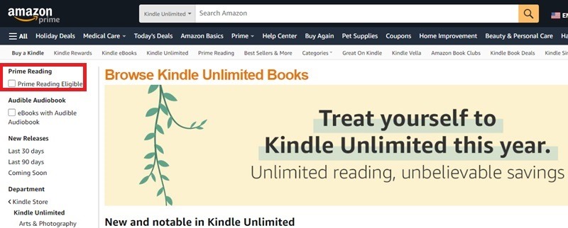 Filter ebooks by Kindle Unlimited or Prime Reading.
