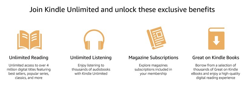 Amazon's Kindle Unlimited list of benefits page.