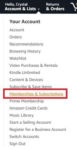 Choosing Memberships and Subscriptions from the Amazon Account menu.