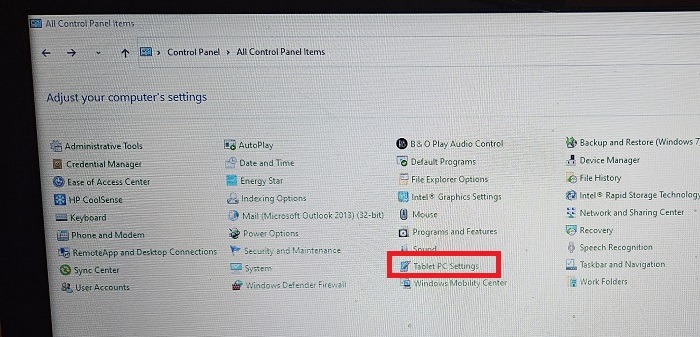 Accessing "Tablet PC Settings" in Control Panel on tablet.
