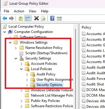 Navigating to Local Policies in Group Policy Editor.