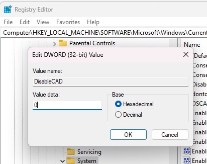 Changing value data for key in Registry Editor.