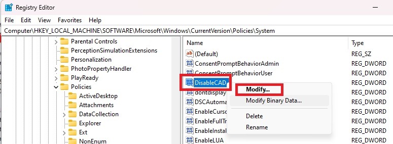 Selecting "Modify" from context menu in Registry Editor.