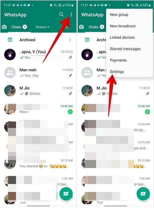 Clicking on three dot menu and then selecting "Settings" option from WhatsApp Messages app. 