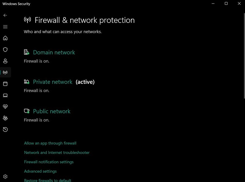 Checking "Firewall & network protection" in Windows Security app. 