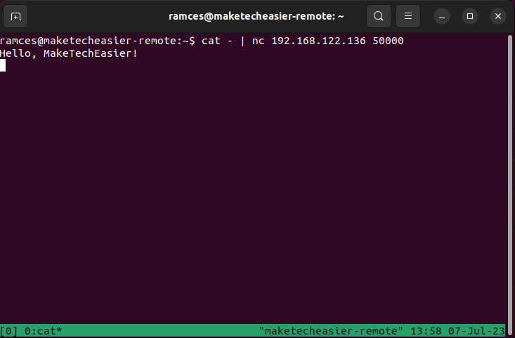 A terminal showing the standard input prompt for a basic netcat chat.