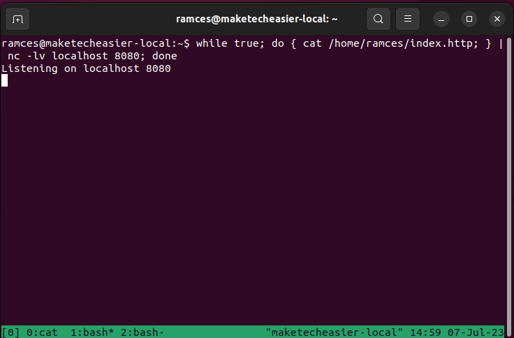 A terminal showing a simple netcat webserver running.