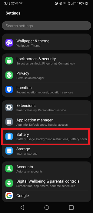 "Battery" section in Android settings.
