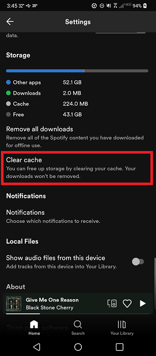 "Clear cache" option under Settings in Spotify app for Android.