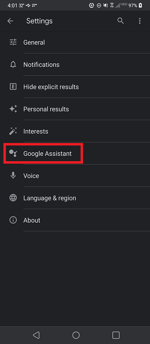 Selecting "Google Assistant" option in Settings for Google app. 