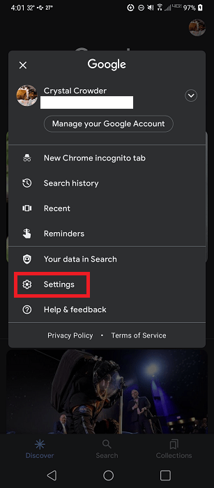 Accessing Settings from the Google app. 