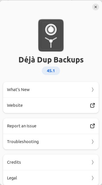 A screenshot of Deja Dup showing its version number while running.