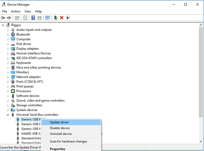 Device Manager screenshot showing how to update USB drivers