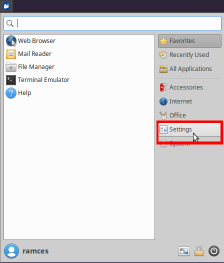 A screenshot highlighting the Settings button inside the XFCE main menu.