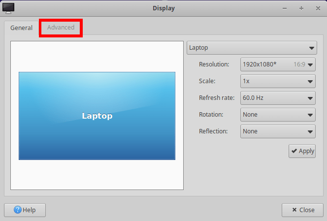 A screenshot highlighting the "Advanced" tab in the XFCE display window.
