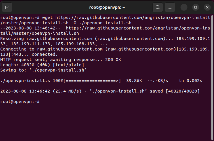 A terminal showing the download process for the OpenVPN installer script.