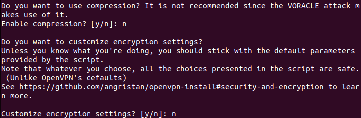 A terminal showing the prompt asking for extra features in the OpenVPN server.
