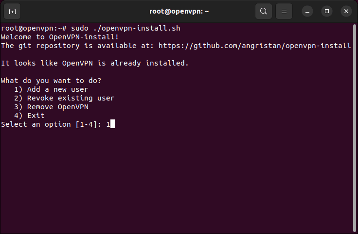 A terminal showing the post-installation prompt for the installer script.