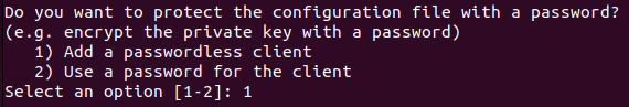 A terminal prompt showing the password protection scheme for the new client.